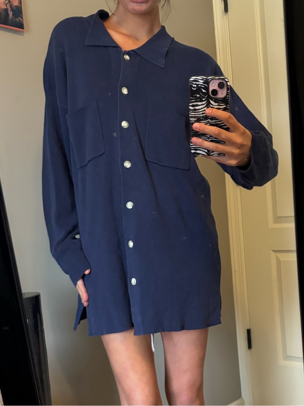 Eddie Bauer Navy Ribbed Cotton Henley Top